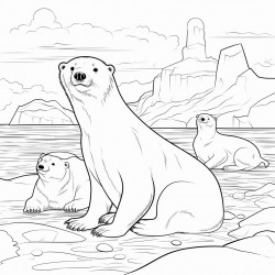 a seal swimming in the sea with polar bears on the shore