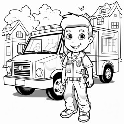 a friendly looking emt with his ambulance and a spooky halloween background