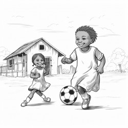 professional sketch drawing of african boy and a girl chlid playing football in a village for a coloring page