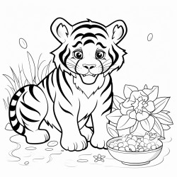 un tigre con tut comiendo fresas en un campo de flores