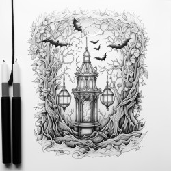 a gothic lantern hanging from a twisted tree branch with bats flying in the background
