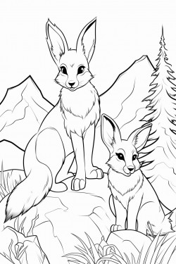 a fox and a rabbit in a mountain scene