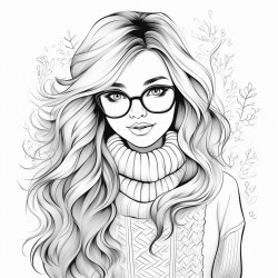 make a cute girl with a chubby figure long wavy hair glasses and has a long skirt with a sweater
