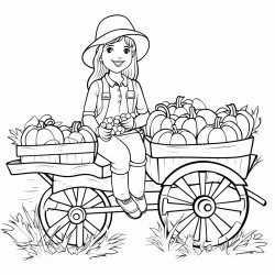 adult woman in jeans and check shirt sitting on a hay wagon which ist loaded with different pumpkins