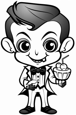 creepy but cute vampire eating a candy apple