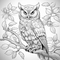 coloring page owl perched on a tree branch with leaves around no shading high details thick lines