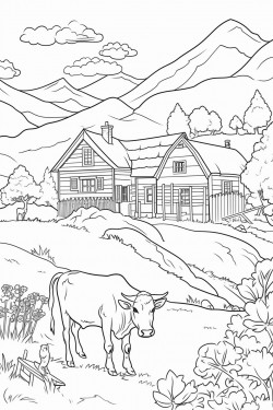 switzerland landscape with a quaint stone house surrounded by flowers and a cypress tree cows graze in lavender fields