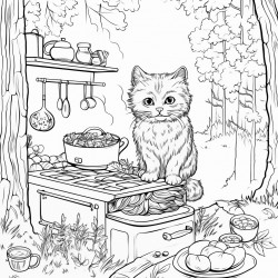 a cat cooking in the forest