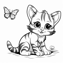 kitten playing with butterfly no color no shading thick lines