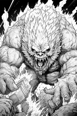 a monster made of lava shooting a lava minigun