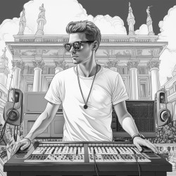 tall guy in a tshirt and athletic shorts with sunglasses operating a light board in a concert venue