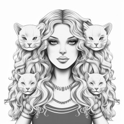 cartoon girl with wavy hairs and two sphinx cats