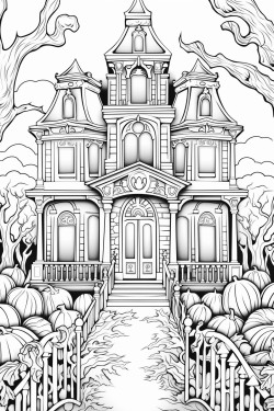 haunted house and pumpkins