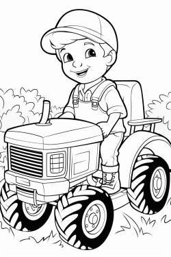 little boy wearing overalls riding a tractor on a farm