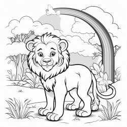 a lion in the forest with a rainbow