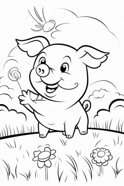 make me a simple picture of a happy pig in front of a farm in grass chasing butterflies in black and white