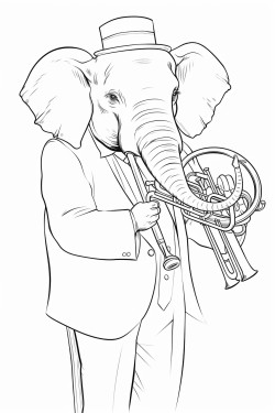 elephant in elegant suit playing trombone