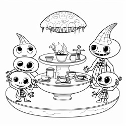 a group of aliens having a tea party on a flying saucer surrounded by snacks