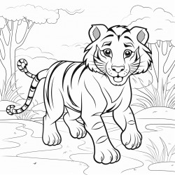 a tiger walking in a pathway outline lineart coloring book 2d cartoon character