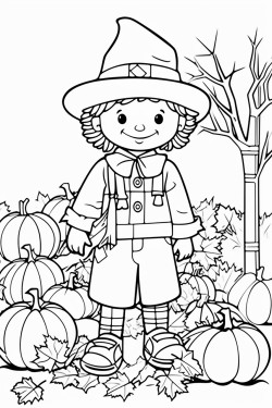 fall coloring page hay bales scarecrow leaves trees cat