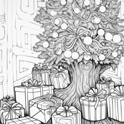 intricate wrapping paper on multiple gifts under a tree