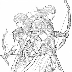 female elf archer with fishtail braid in light armor fighting with male elf in armor holding sword in each hand