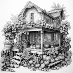 greyscale house made out of fruit