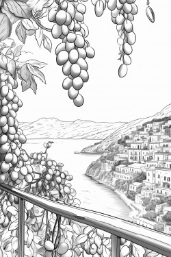 view of amalfi coast with lemons hanging from vines overhead