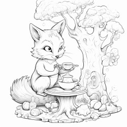 a cartoon cat in a fairytale forest chatting over a cup of tea with a fox