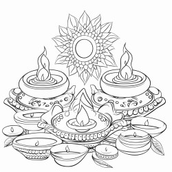 create a vibrant arrangement of clay lamps diyas with bright flames decorated with colorful rangoli in the background