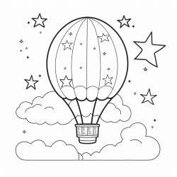 minimalistic design air balloon in sky view from window stars night theme