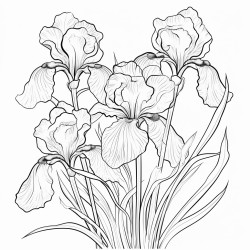 create a blackandwhite coloring page of irises in bloom use bold welldefined outlines for large petals and stems arrange the irises at different stages of bloom from buds to fully open flowers add a few leaves for detail but keep the design simple and uncluttered