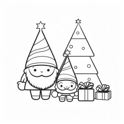 very minimalistic simple childrens coloring page with continuous thick lines and with no greyscale no background and no shading of 2 kawaii style gnomes wrapping christmas gifts near a christmas tree