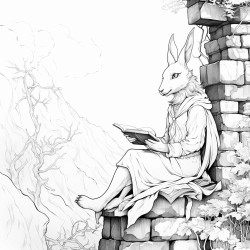 nature spirit reading a book next to a stone wall with a rabbit