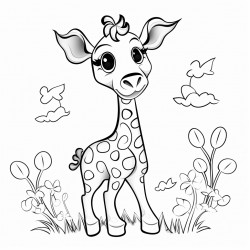 black and white whimsical cartoon baby giraffe on white background