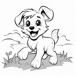 a joyful puppy with floppy ears wagging its tail and a cute smile running through a grassy meadow