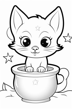a cute cartoon cat stirring a cauldron underneath the moon and stars