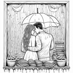 raining  couple back window bookshelf coffee