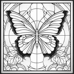 stained glass window featuring a butterfly
