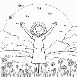 a girl in a meadow with her hands up in praise coloring page with and without color in same image black and white line art white background simplicity ample white space