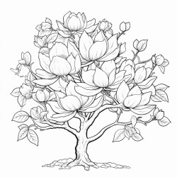 create a blackandwhite coloring page of a magnolia tree in full bloom use bold outlines for large petals and strong branches show flowers at various stages of bloom and add a few leaves keep the background minimal to focus on the tree with open spaces for easy coloring