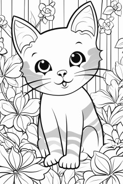 a small cat between flowers and leaves in a huge garden