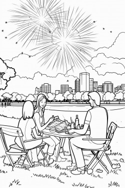 family picnicking in a park while fireworks are in the sky