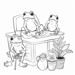 tiny frogs in an office