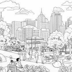 a scene of black and brown peoplein in a city park with buildings in the background