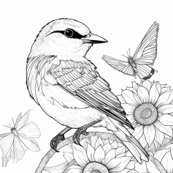 little birds sitting on a big sunflower an eating the seeds