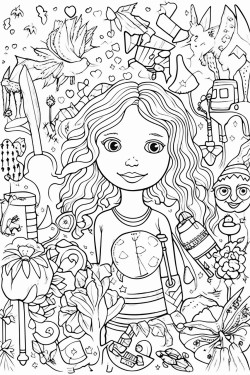 a hunt and find collage line art coloring page with 30 hidden buttons 10 hidden pencils 15 hidden flowers 15 hidden gemstones 10 stuffed bears 20 hidden marbles 10 books 15 hidden rubber ducks 10 triangles 15 blocks 10 hidden fairy wands and 10 hair bows
