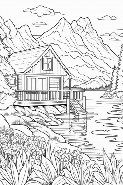 switzerland landscape with a quaint stone house surrounded by flowers wooden dock extending into a lake