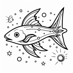 a catfish with a cometshaped tail swimming in a cosmic pond