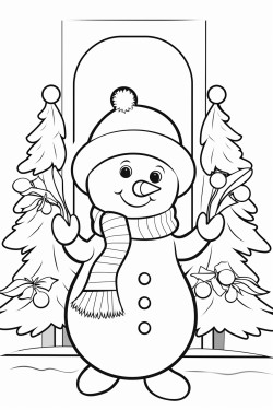 christmas snowman outside the window and behind the christmas tree
